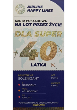 Karnet karta pokładowa 40 urodziny męskie