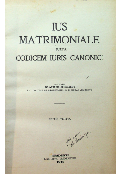 Ius Matrimoniale Iuxta Codicem Iuris Canonici 1921 r