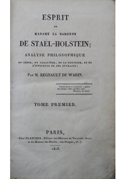 Esprit de Madame la Baronne De Stael Holstein Analyse Philosophique Tom I 1818 r.