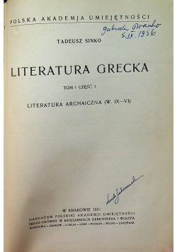 Literatura Grecka Tom I Część I Literatura archaiczna 1931 r.