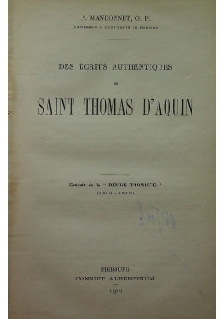 Des ecrits authentiqus de Saint Thomas D'Aquin 1910 r.
