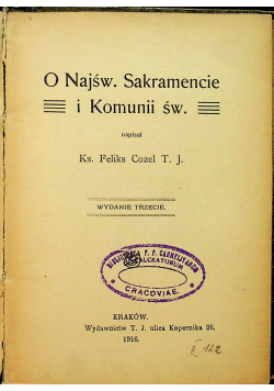 O Najśw Sakramencie i Komunii św 1916 r.