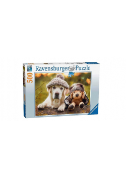 Puzzle 500 Pies i pluszak w czapkach