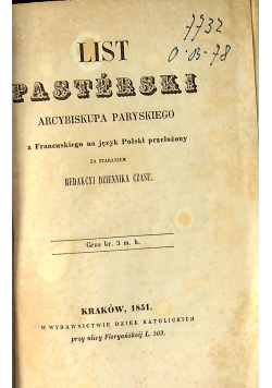 List Pasterski Arcybiskupa Paryskiego 1851r