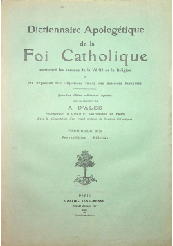 Dictionnaire Apologetique De La Foi Catholique Fascicule XX 1924 r.