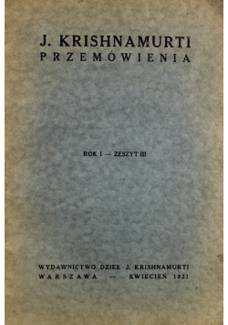 Krishnamurti Przemówienia Rok I zeszyt III  1931r