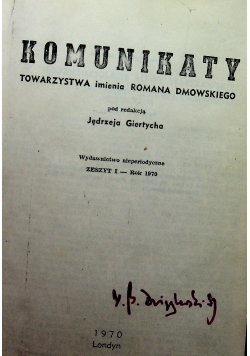 Komunikaty towarzystwa imienia Romana Dmowskiego