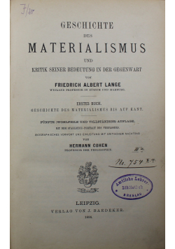 Geschichte Des Materialismus Und Kritik Seiner Bedeutung in Der Gegenwart 1896 r.