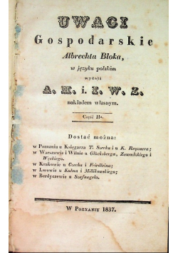 Uwagi gospodarskie Albrechta Bloka  1837 r.