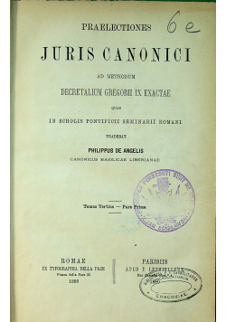 Praelectiones juris canonici Tomus Tertins Pars Prima 1880 r