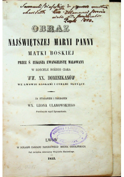 Obraz Najświędszej Maryi Panny  1853 r