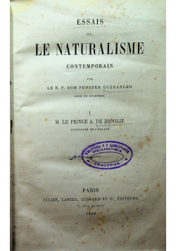 Essais Sur Le Naturalisme Contemporain 1858 r.