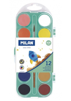 Farby akwarelowe 12 kolory 30mm z pędzelkiem MILAN
