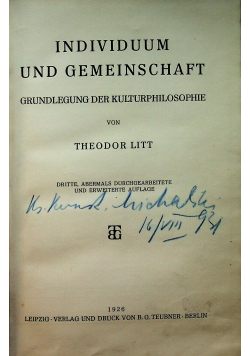 Individuum und Gemeinschaft grundlegung der kulturphilosophie 1926 r.