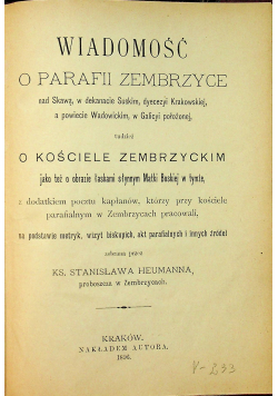 Wiadomość o Parafii Zembrzyce 1896 r