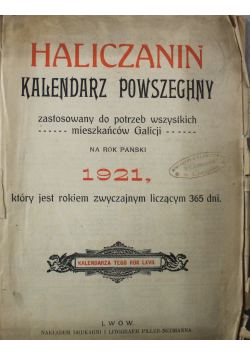 Haliczanin Kalendarz Powszechny na rok pański 1921, 1921 r.