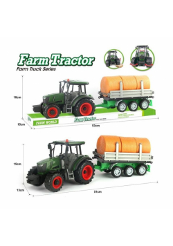 Traktor z przyczepą i belkami słomy
