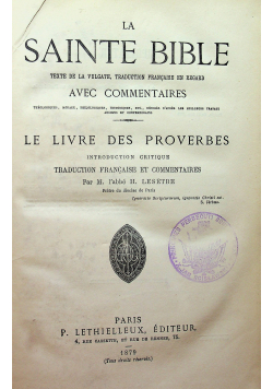 La Sainte Bible Le Livre des Proverbes 1879 r.