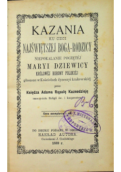 Kazania ku czci Najświętszej Boga Rodzicy 1889 r.