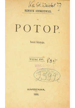 Potop Powieść historyczna Tom IV 1 wydanie 1886 r.