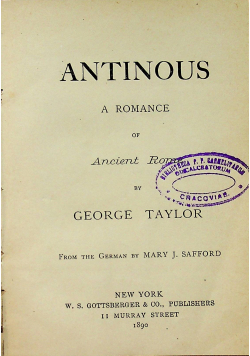 Antinous a Romance of Ancient Rome 1890 r.
