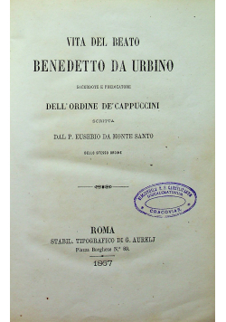 Vita del beato Benedetto da Urbino 1867 r.