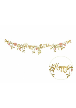 Baner Happy Birthday kwiaty różowo złote 1.3m