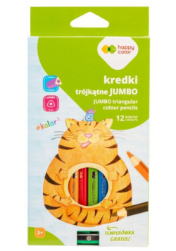 Kredki drewniane Jumbo trójkątne 12 kolorów + temperówka Happy Color