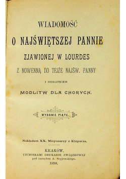 Wiadomość o Najświętszej Pannie zjawionej w Lourdes 1898 r.