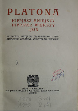 Platona Hippjasz mniejszy Hippjasz większy i Jon 1921 r.