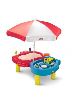 Piaskownica i wodny stół z parasolem