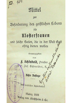 Mittel zur Beförderung des geistlichen Lebens für Klosterfrauen 1908 r