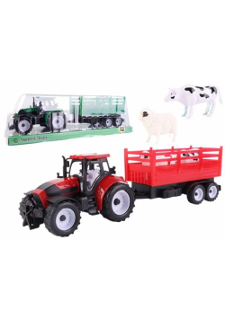 Traktor z przyczepą burtową i zwierzętami mix