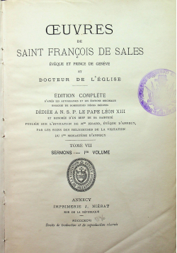 Oeuvres de Saint Francois de Sales Tome VII 1896 r.