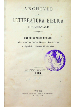 Archivio di Letteratura Biblica Anno Quarto 1882 r.