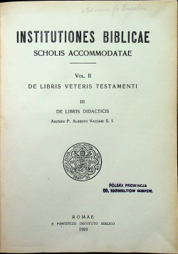 Institutiones biblicae Vol II De libris veteris testamenti De Libris Didacticis 1929 r.