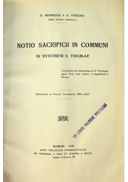 Notio Sacrifcii in Communi in Synthesi S Thomae 1934 r