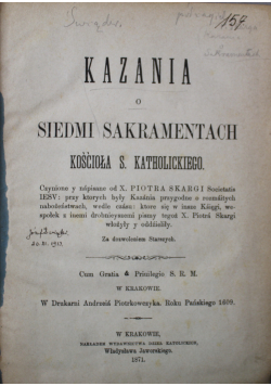 Kazania o siedmi sakramentach, 1836 r.
