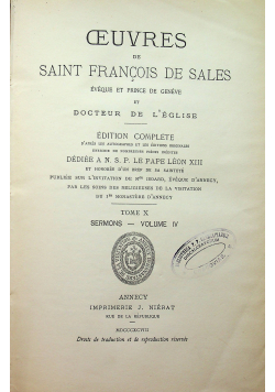 Oeuvres de Saint Francois De Sales Tome X Sermons Volume IV 1898 r