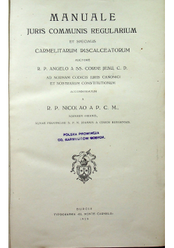 Manuale Juris Communis Regularium et Specialis Carmelitarum Discalceatorum 1929 r