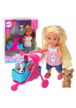 Zestaw mini laleczka wózek + piesek
