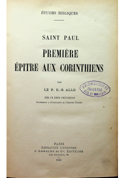 Premiere Epitre Aux Corinthiers 1934 r.