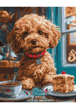 Malowanie po numerach - Maltipoo w kawiarni 40x50