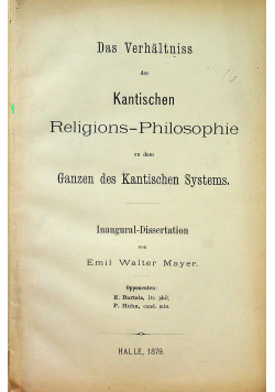 Das Verhaltniss der Kantischen Religions Philosophie 1879 r