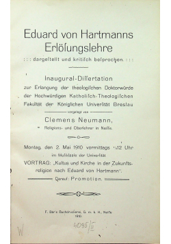 Eduard von Hartmanns Erlofungslehre 1910 r.