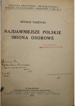 Najdawniejsze Polskie Imiona Osobowe 1925 r.