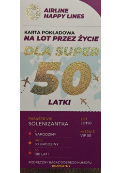 Karnet karta pokładowa 50 urodziny damskie