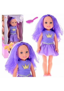 Lalka w sukience z koroną długie włosy fiolet 38cm