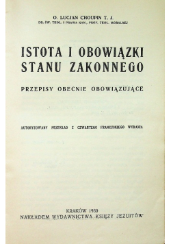 Istota i obowiązki stanu zakonnego 1930 r.