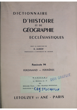 Dictionnaire D Histoire et de Geographie Ecclesiastiques Fascicule 94